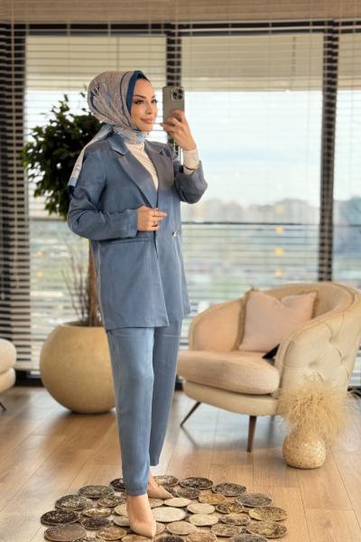 8537 Saten İki Düğme Ceket Takım İndigo