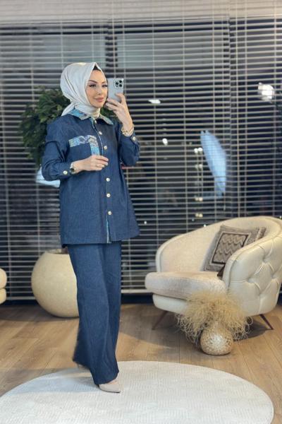 8538 Yaka Ve Cep Kenarı Desenli Takım Lacivert