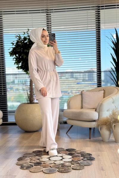 8578 Yaka Kol Kürk Ve Taş Detaylı Takım Bej