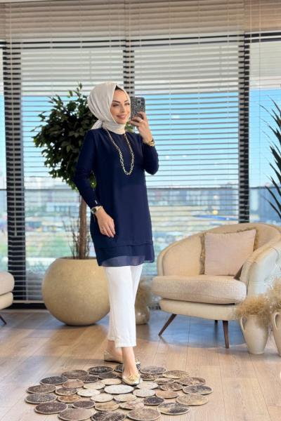 875 Ön Şifon Yaka Kol Ribanalı Bluz Lacivert