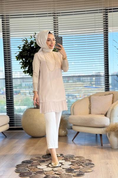 877 Ön Şifon Eteği Piliseli Uzun Kol Bluz Bej