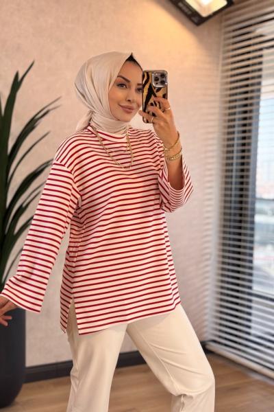 9000 Çizgili Osyho Sweatshirt Kırmızı