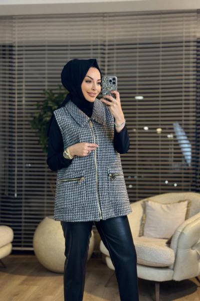 9036 Yaka Detaylı Cebi Fermuarlı Angora Yelek Siyah
