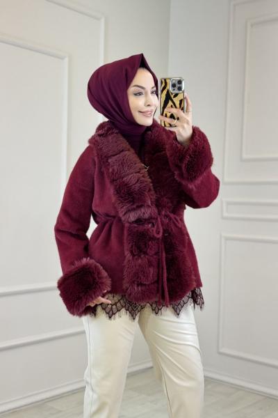 9187 Yakası Peluşlu Hırka Bordo