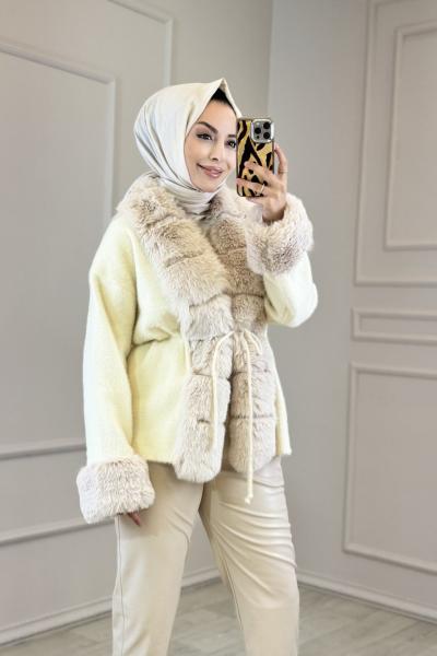 9187 Yakası Peluşlu Hırka Ekru