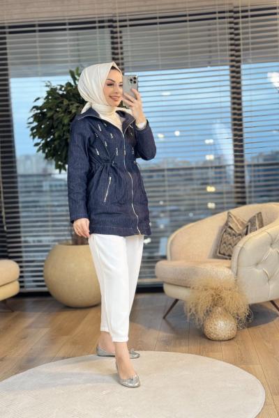 9250 Sim Çizgili Üstü Taş İşlemeli Kap Lacivert