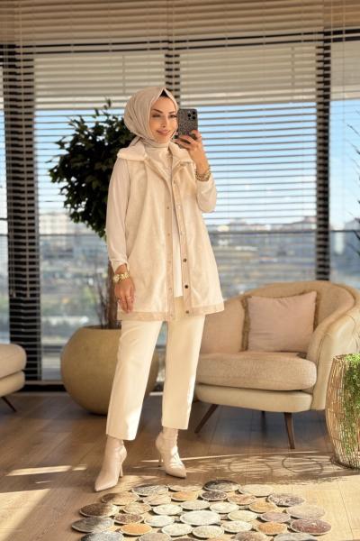 9280 Ön Çıçıtlı Kürk Yelek Taş