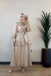 93009 Yakası İki Katlı Patı Düğmeli Elbise Bej
