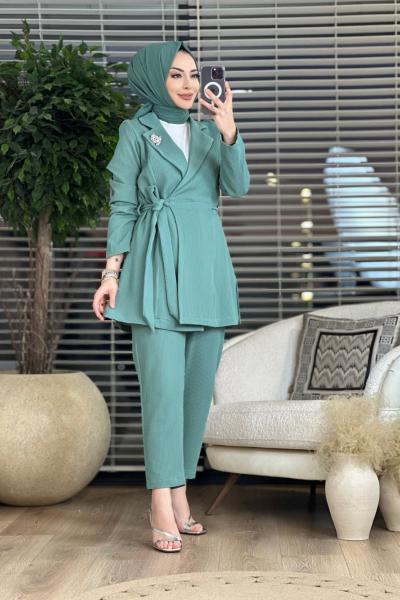 9624 Üst Yandan Bağlamalı Ceket Takım Çağla