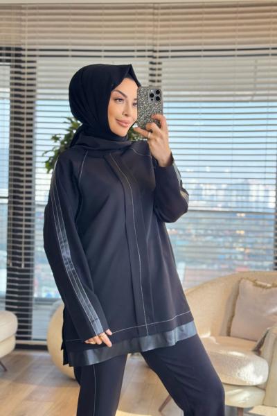 9711 Kolu Deri Şeritli Takım Siyah