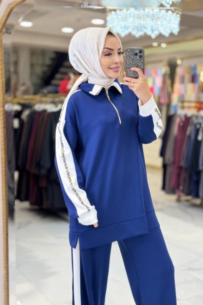 9827 Kolları Taş Şeritli Takım Lacivert