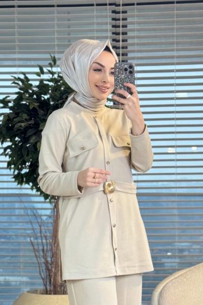 9830 Ön İki Cepli Beli Kemerli Pantolon Bej