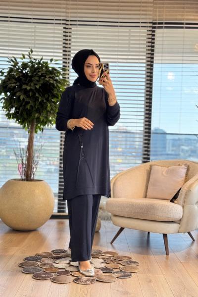 9894 Ön Dikiş Ve Taş Detaylı Takım Siyah