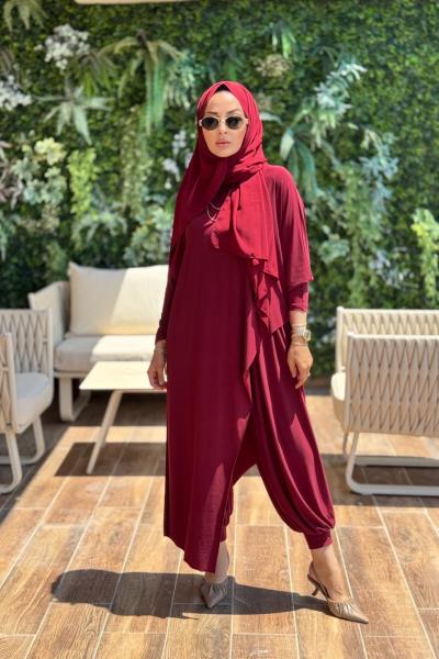 HWN6294 Lilyum Şalvarlı Takım Bordo
