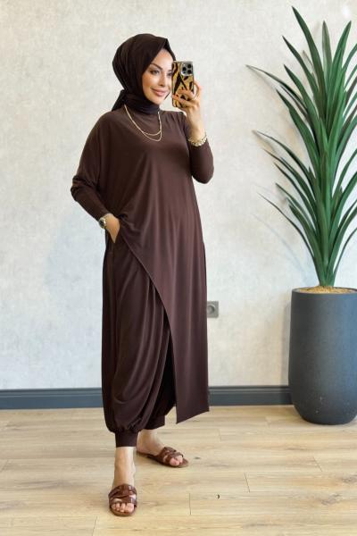 HWN6294 Lilyum Şalvarlı Takım Kahve