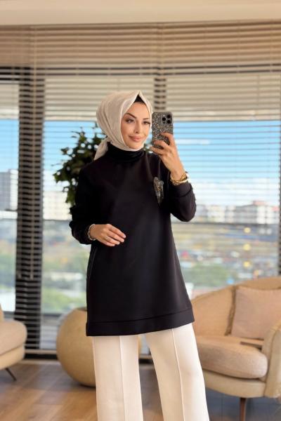 HWN9025 Kalp Broşlu Scuba Sweat Siyah