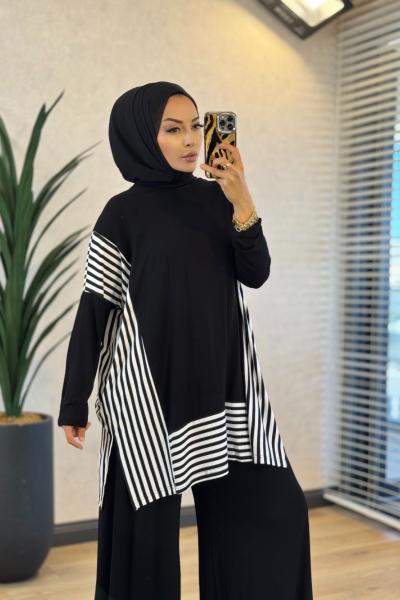 HWN9101 Linea Garni Detaylı Penye Takım Siyah Ekru