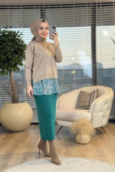 MRW1158 İçlik Detaylı Triko Kazak Vizon