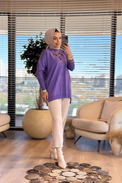 MRW1503 Basic Düğme Triko Tunik Mor