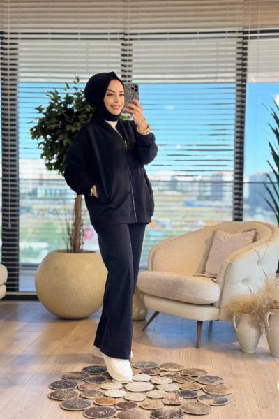 MRW1593 Önü Taşlı Pantolonlu Takım Siyah