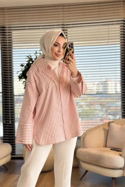 MRW1688 Çizgili Poplin Gömlek Ekru