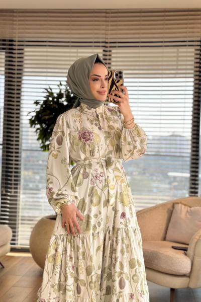 MRW1695 Desenli Elbise Yeşil