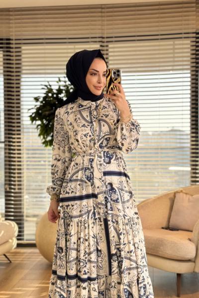 MRW1708 Desenli Elbise Lacivert