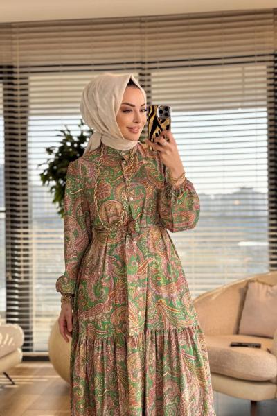 MRW1749 Desenli Elbise Yeşil