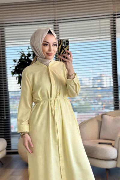 MRW1794 V Yaka Düğmeli Uzun Keten Gömlek Sarı