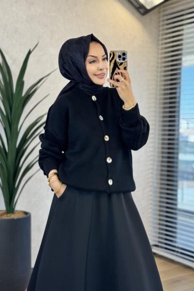 T-1014 Önü Düğmeli Triko Hırka Siyah