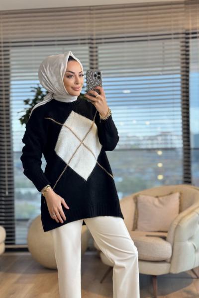 T8508 Önü Zikzak Desenli Triko Tunik Siyah