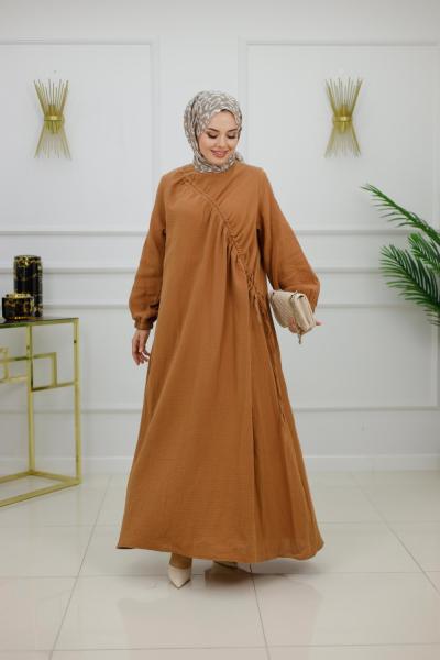 BANU MÜSLİN BÜZGÜLÜ ELBİSE-KAHVERENGİ