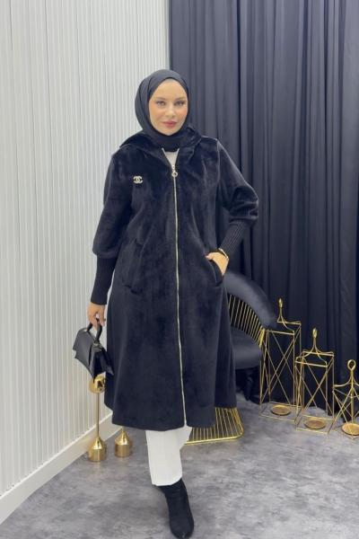 Broşlu Angora Kaban Siyah Siyah