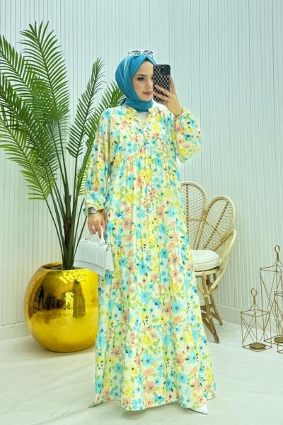 Çiçek Tesettür Elbise Sarı Sarı