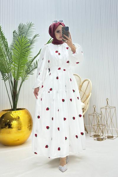 Çilek Tesettür Elbise Beyaz Beyaz