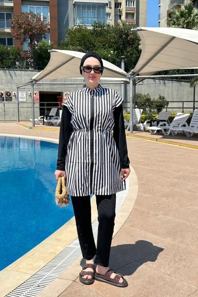 Çizgili Tesettür Mayo Siyah beyaz Siyah