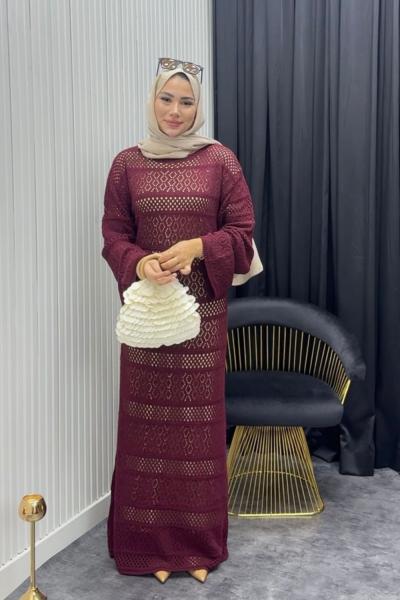 File Detay Elbise Bordo Bordo