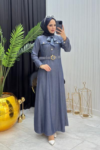 Fular Detay Elbise Mavi Mavi