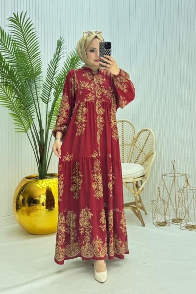 Hilal Tesettür Elbise Bordo Bordo