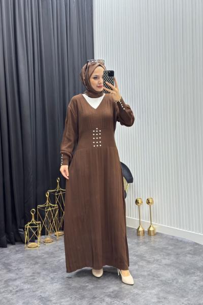 İncili Elbise Kahverengi Kahverengi