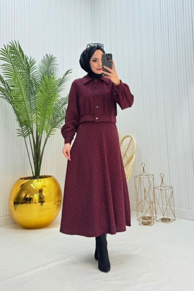 Kaz Ayağı Tesettür Takım Bordo  Bordo