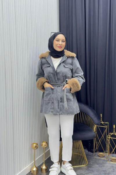 Kürk Detay Kap Siyah Siyah