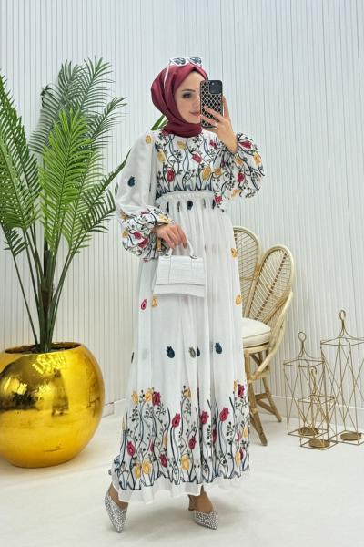 Lora Tesettür Elbise Beyaz Beyaz