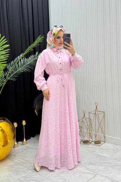 Makaron Tesettür Elbise Pembe Pembe