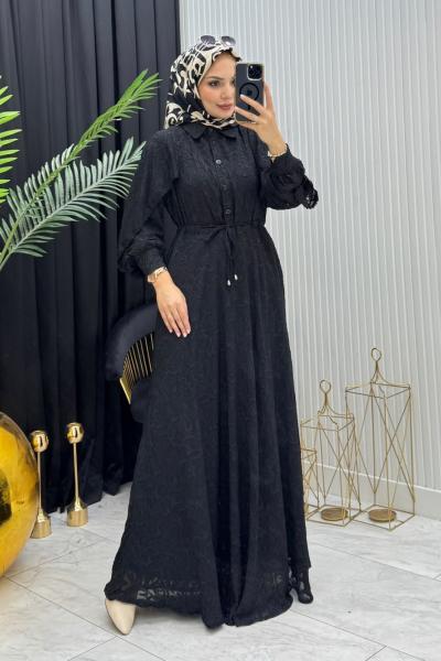 Makaron Tesettür Elbise Siyah Siyah