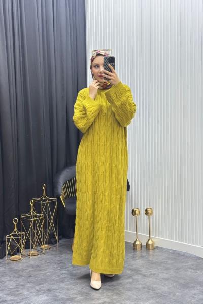 Örgü Desen Elbise Yağ Yeşili Yağ Yeşili