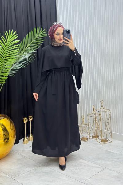 Pelerinli Elbise Siyah Siyah