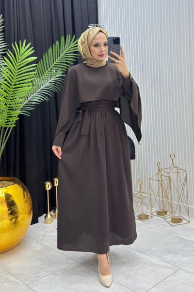 Pelerinli Elbise Kahverengi Kahverengi