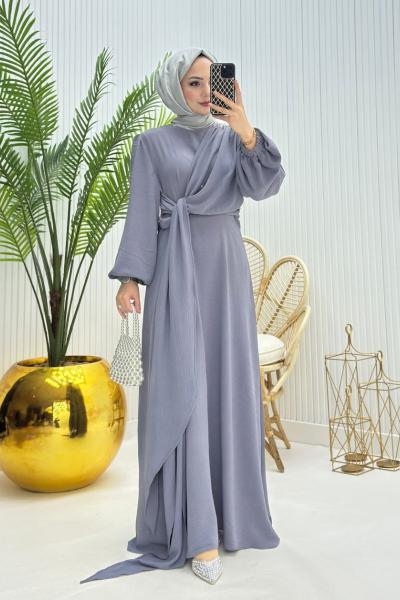 Pırıltı Tesettür Elbise Gri Siyah