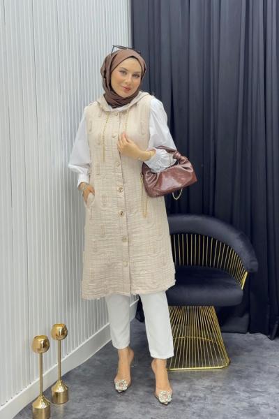 Püskül Detay Yelek Krem Krem